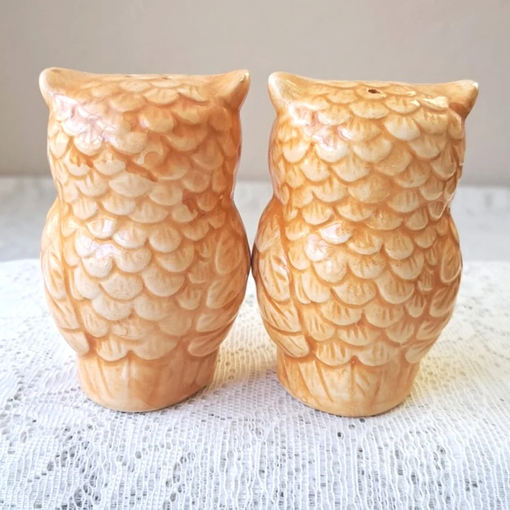 Vintage Pair MCM Handpainted Classic Ceramic Owl Salt & Pepper Shakers Pottery